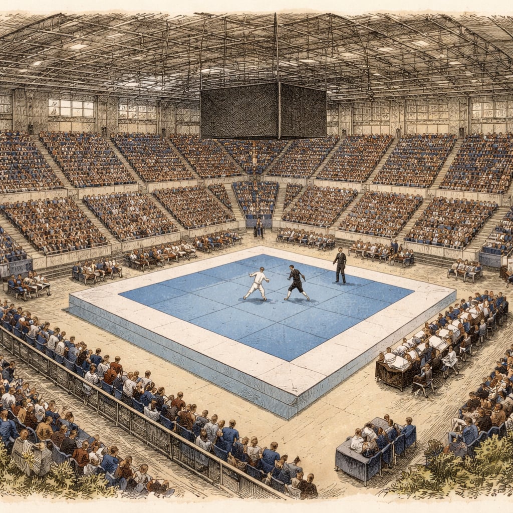 Indoor martial arts arena with athletes competing on a mat