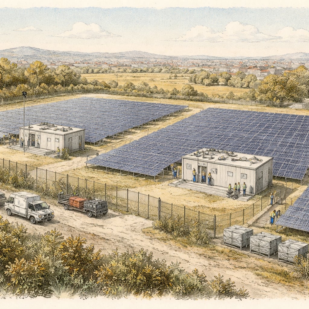 Solar panel fields and battery storage units outside the city