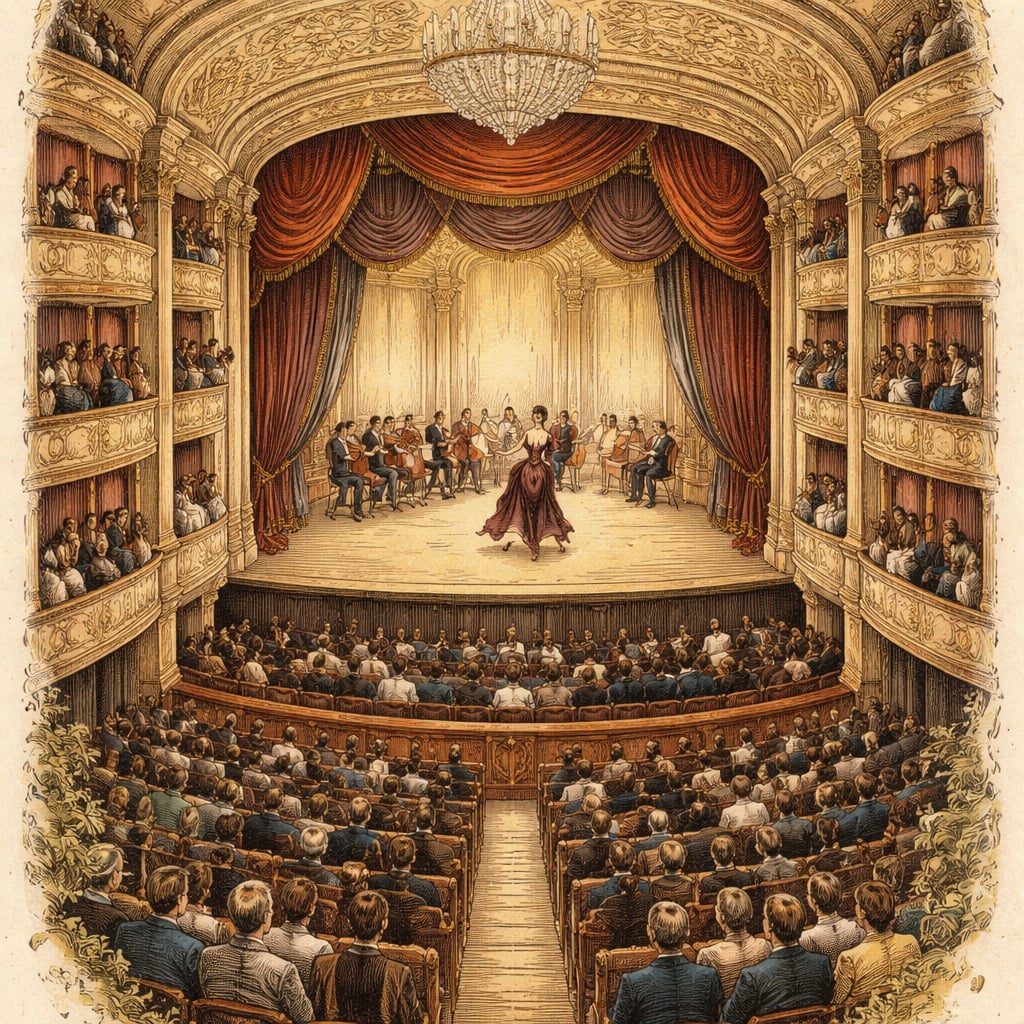 Opera house stage with orchestra and tango dancers performing