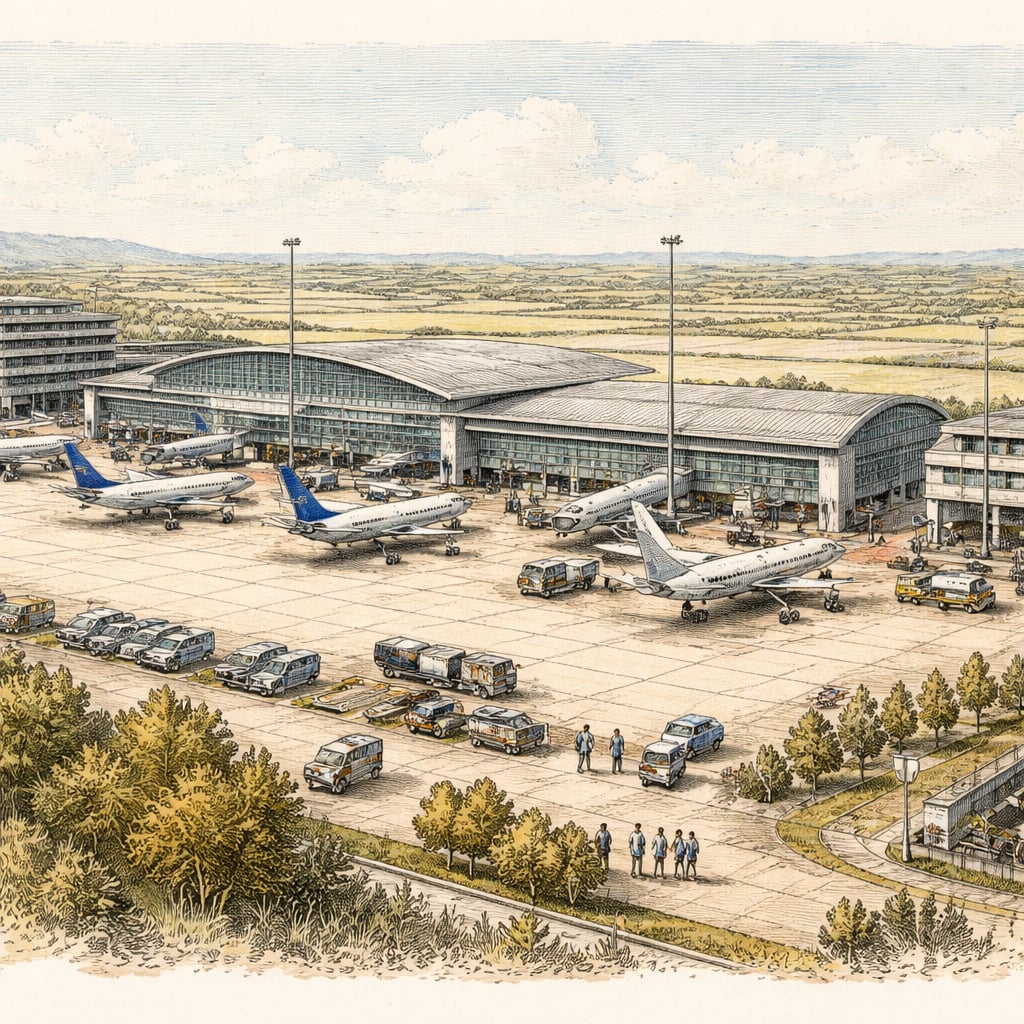 Elevated view of Cluj-Napoca airport terminal with planes and travelers.