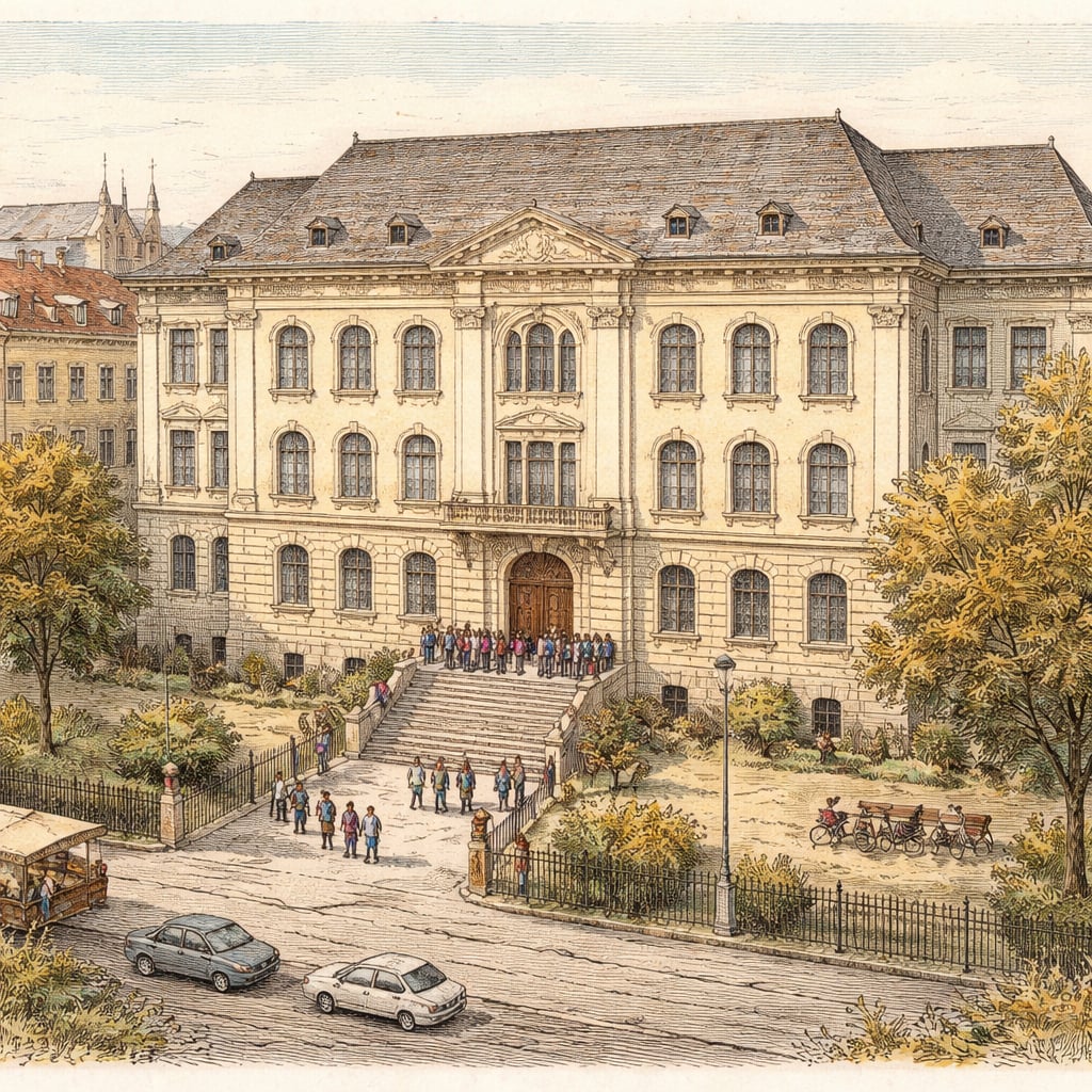 Historic Cluj school building with students gathered for its anniversary.