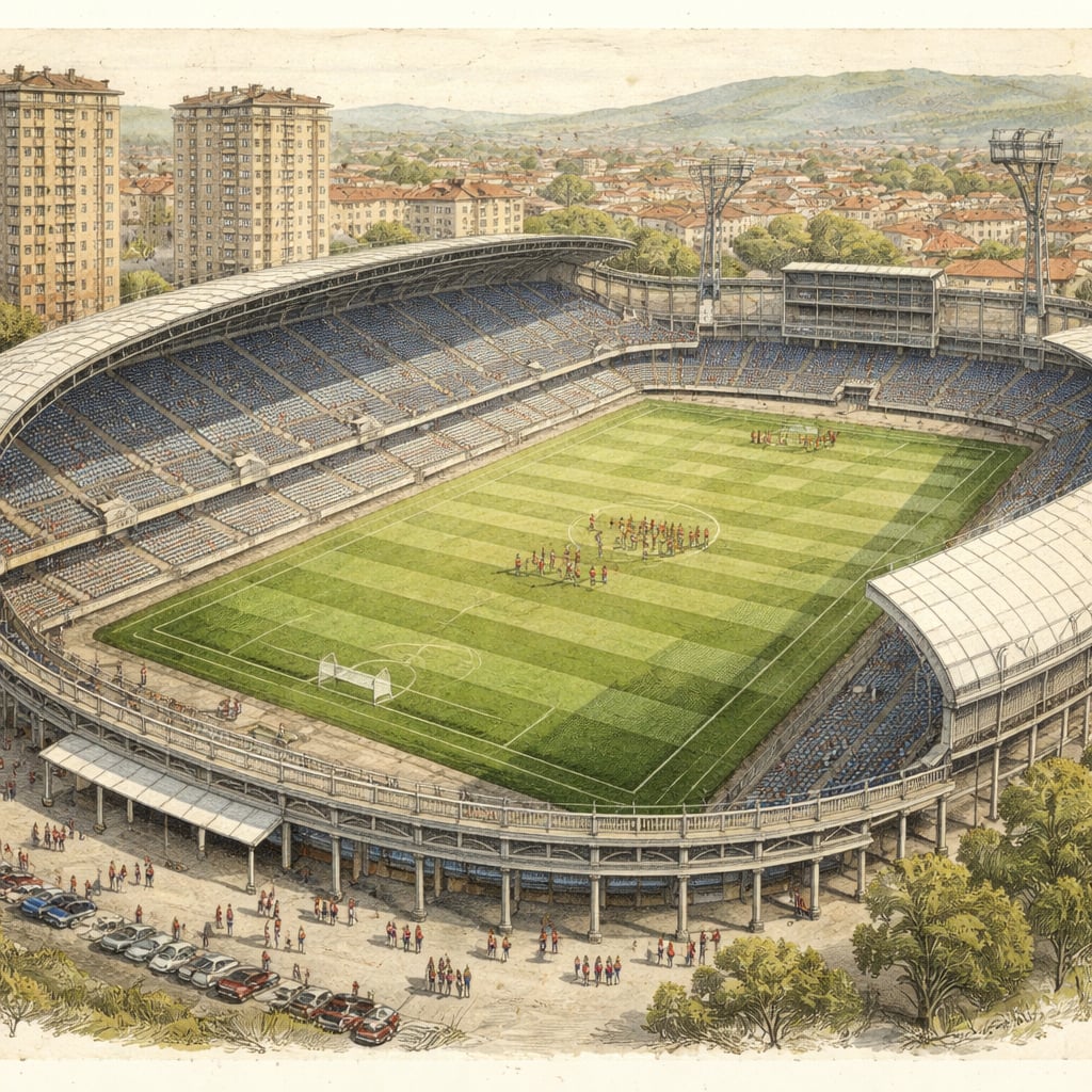Elevated view of a Cluj soccer stadium with players training on the pitch.