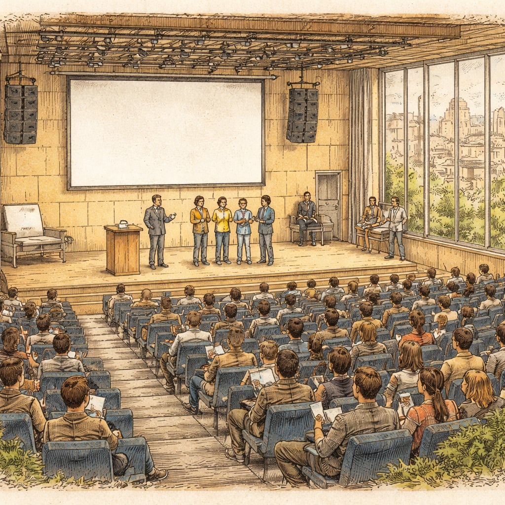 Auditorium view of students receiving an award for an app project.