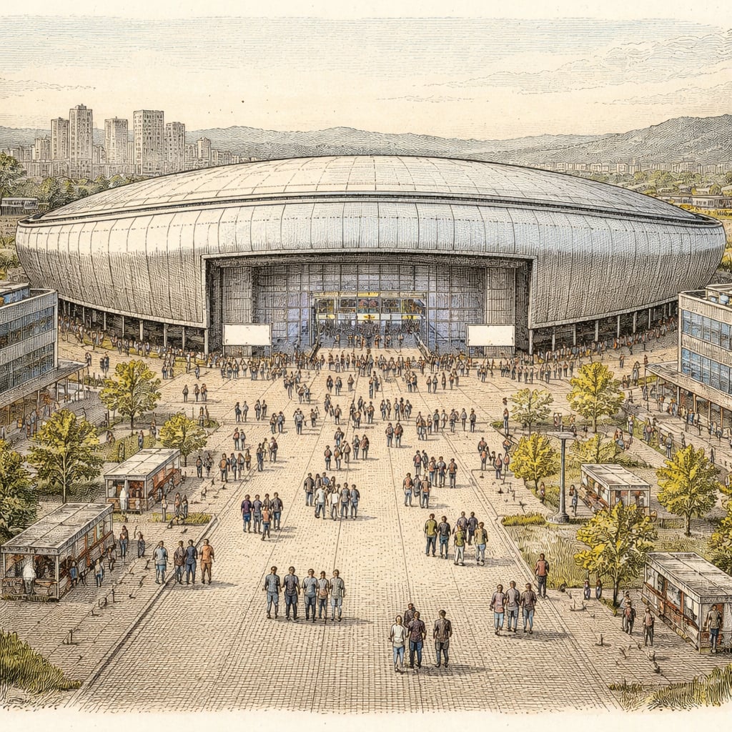 Crowds gather outside Cluj's arena before an evening concert.