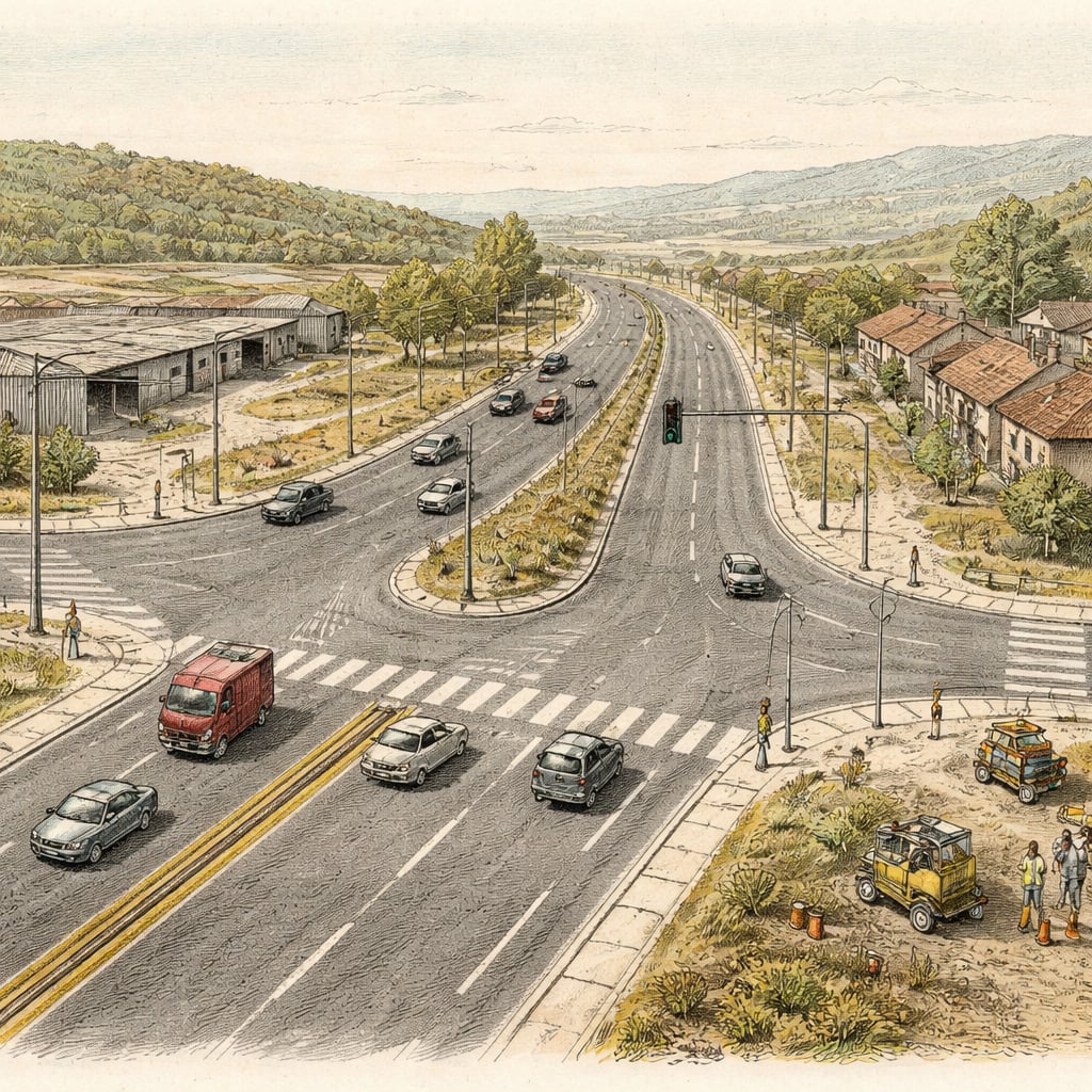 Newly widened four-lane intersection on Cluj's northern approach road.