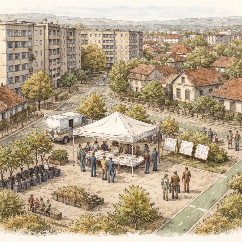 International delegates review renewal plans in Cluj's Iris neighborhood.