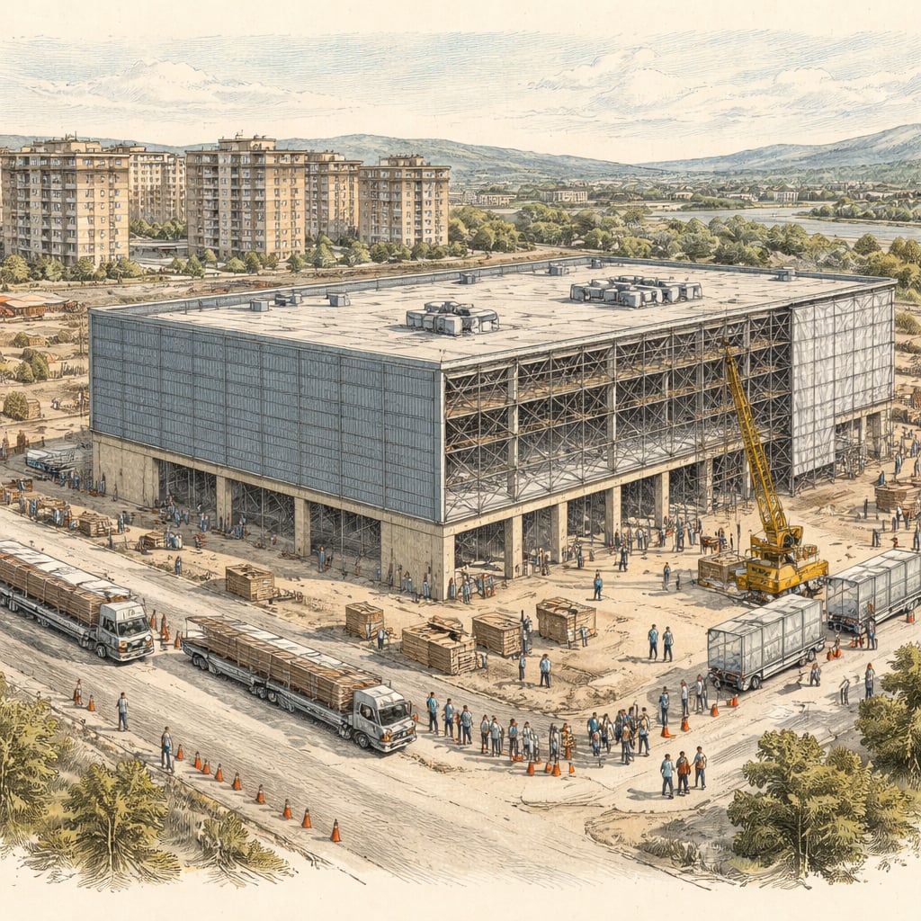 Elevated view of a store under construction within a new district in Cluj.