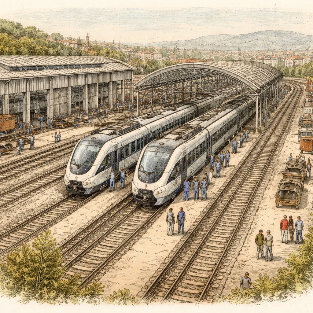 Two new electric trains undergo inspection at a Cluj railway yard.