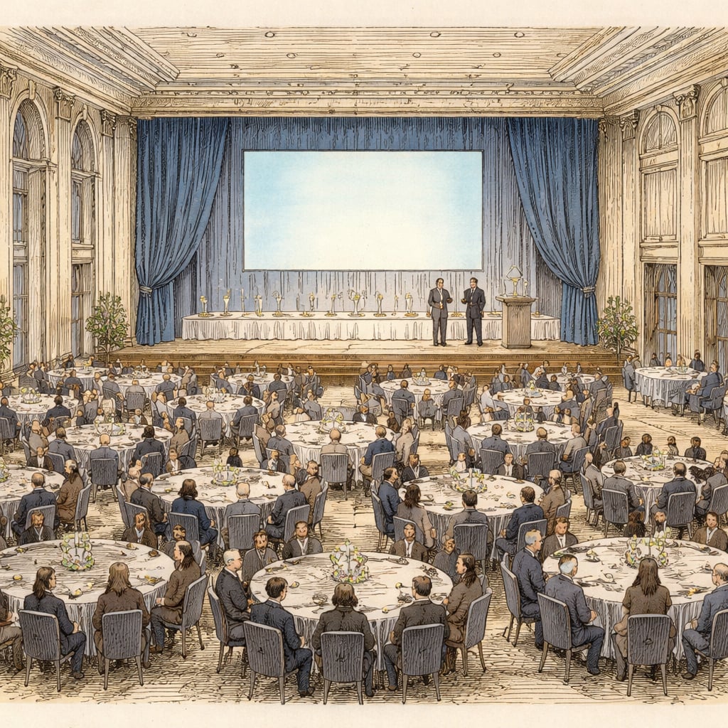Wide hall view of a healthcare awards gala with stage and trophies.
