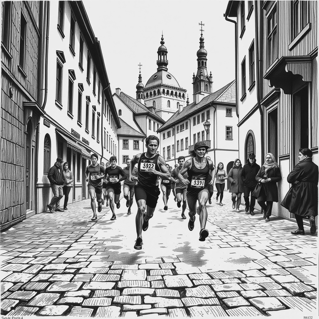 runners on a historic town street