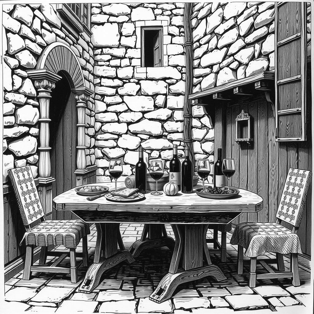 food and wine on a medieval table