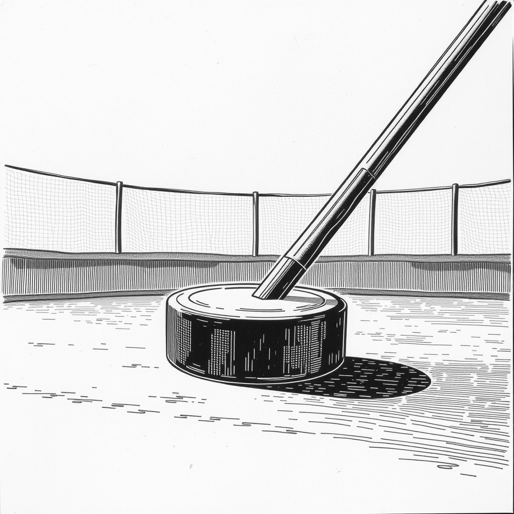 hockey puck and stick on ice