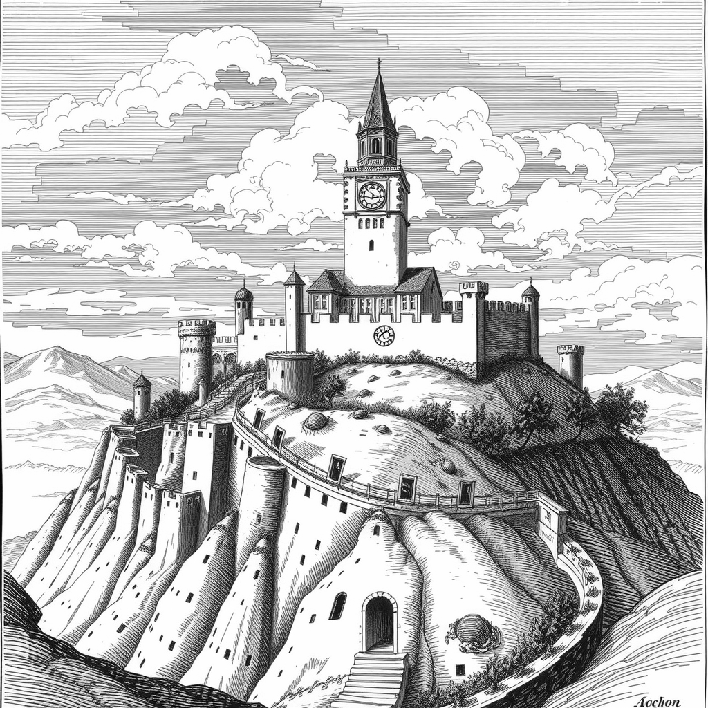 medieval citadel with clock tower