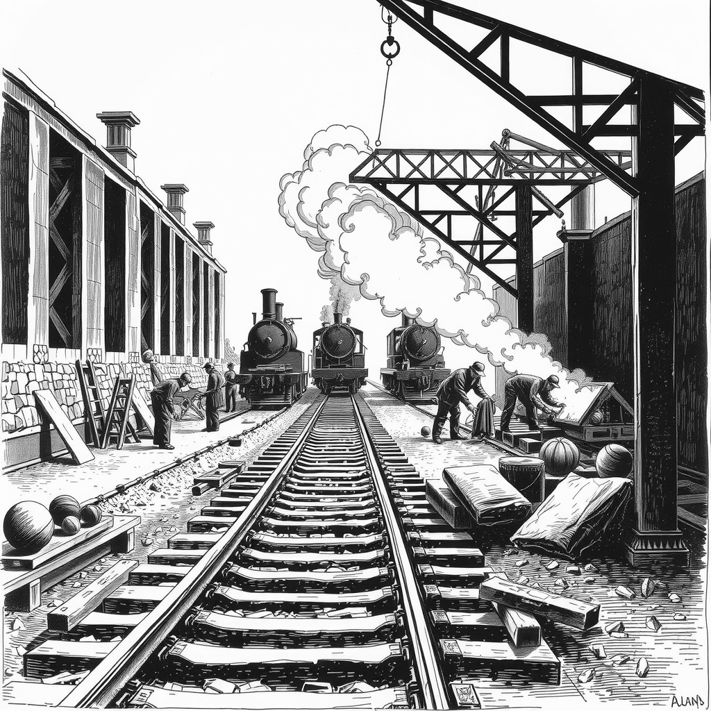 railroad construction site with workers