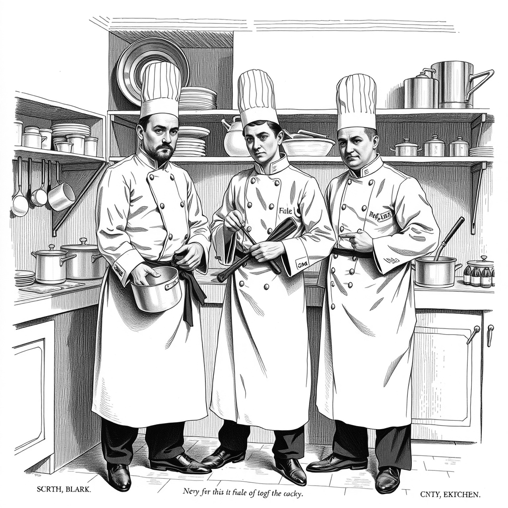 three chefs in professional kitchen